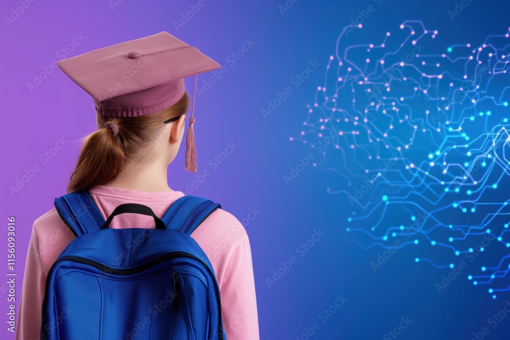 Poster student with backpack facing digital circuit brain symbolizing future learning