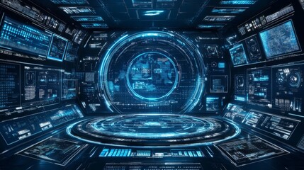 Obraz premium Futuristic Digital Control Room with High-Tech Interfaces and Blue Light Effects, Suitable for Sci-Fi Projects and Technology Visualization