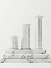 Obraz premium Three white marble columns of varying heights on a tiered marble base against a white background.