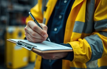 Worker in safety gear writing on clipboard. Person records inspection details. Protective workwear indicates industrial setting. Close-up view emphasizes focus. Document likely checklist procedure.
