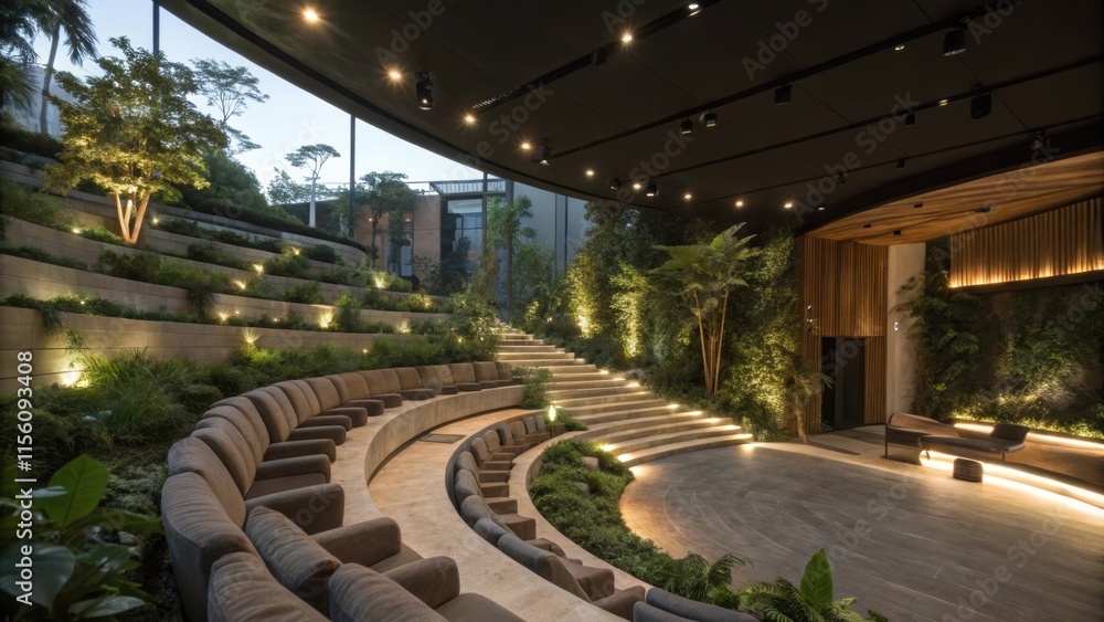 Poster innovative indoor garden amphitheater blending natural elements with modern architecture, creating a