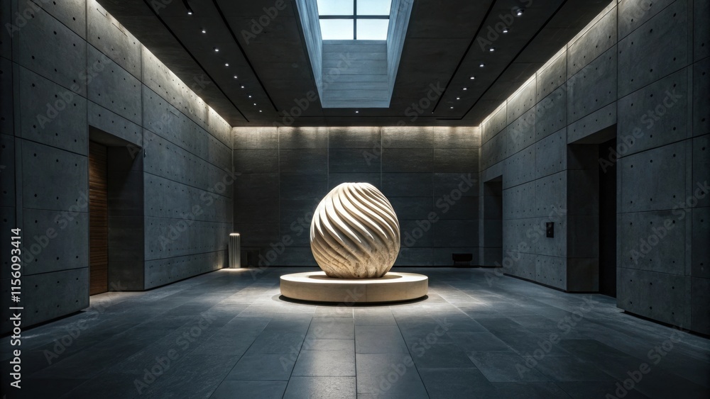 Poster Soft light illuminating a large, intricately carved spherical sculpture on a circular pedestal in a dimly lit modern space with textured concrete walls, creating a serene atmosphere