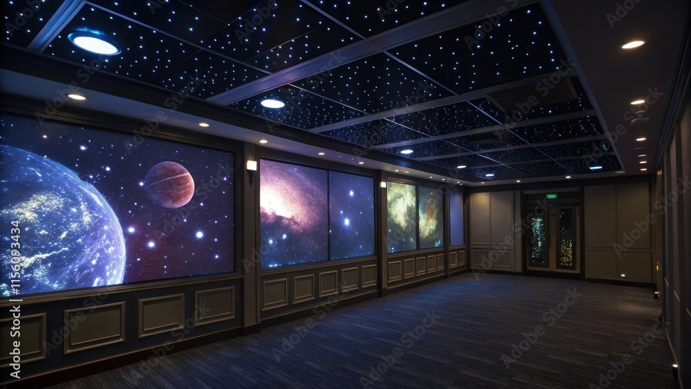 Poster immersive observatory room featuring large wall panels of planets and galaxies, illuminated by a fib