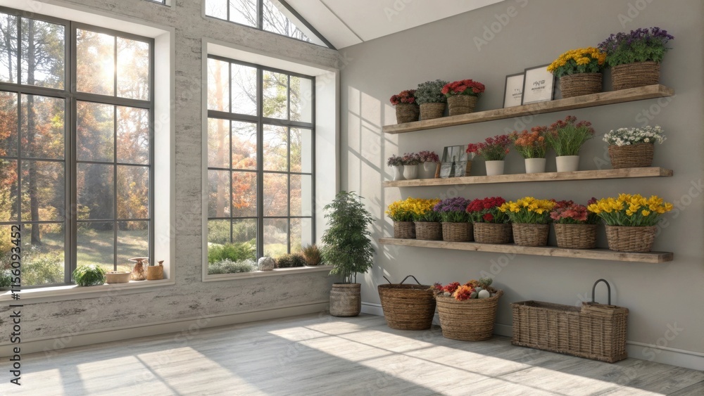 Aufkleber Sunlight streams through large windows illuminating a rustic flower shop with shelves of colorful flowers in pots and baskets, creating a warm and inviting atmosphere