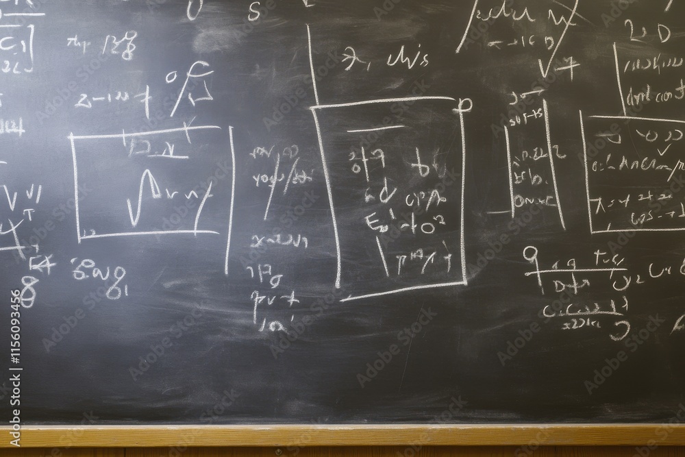 Poster close-up of a chalkboard filled with mathematical equations and diagrams, showcasing complex calcula