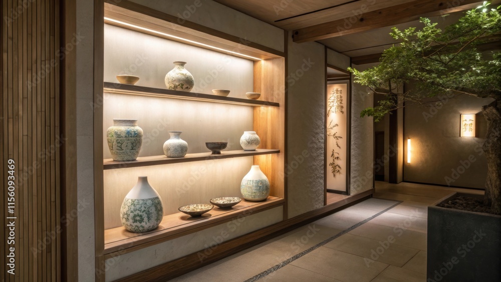 Poster Elegant, softly lit corridor showcases a collection of asian pottery displayed on illuminated shelves, with a bonsai tree adding a touch of nature to the tranquil ambiance