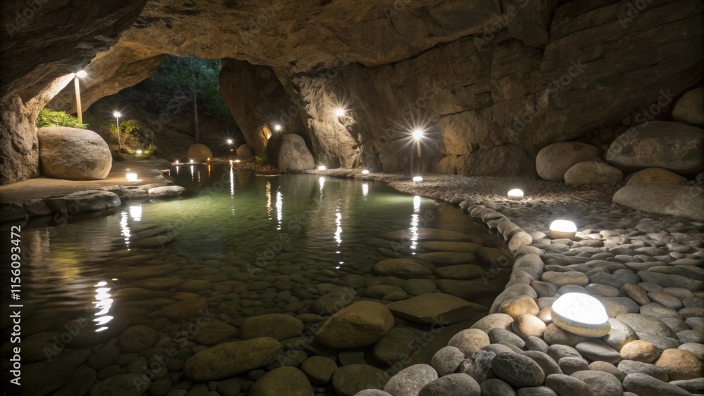 Poster artificial lights illuminate a serene pond nestled within a secluded alcove in an underground enviro
