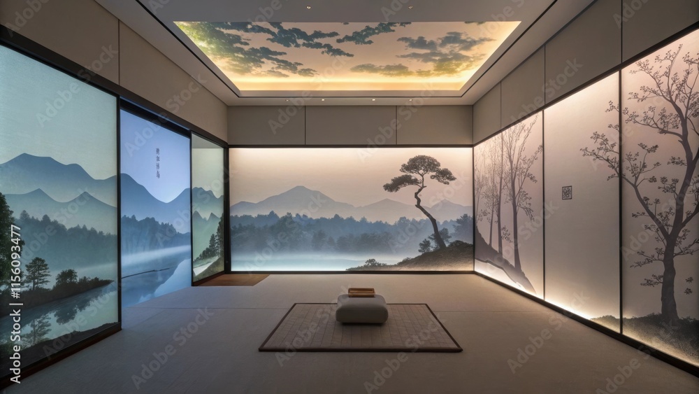 Poster soft, pulsating light illuminates a serene meditation room adorned with nature inspired artwork, cre