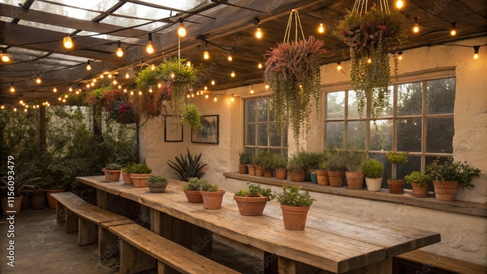 Aufkleber Rustic dining area features a long, communal wooden table adorned with potted plants, illuminated by hanging string lights, creating a cozy and inviting atmosphere