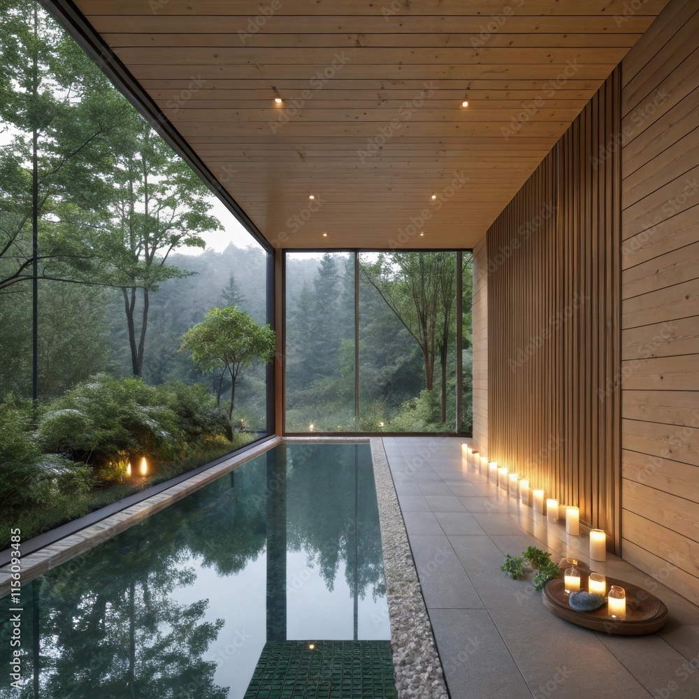 Poster tranquil indoor pool with large windows overlooking a lush green forest creates a serene spa sanctua