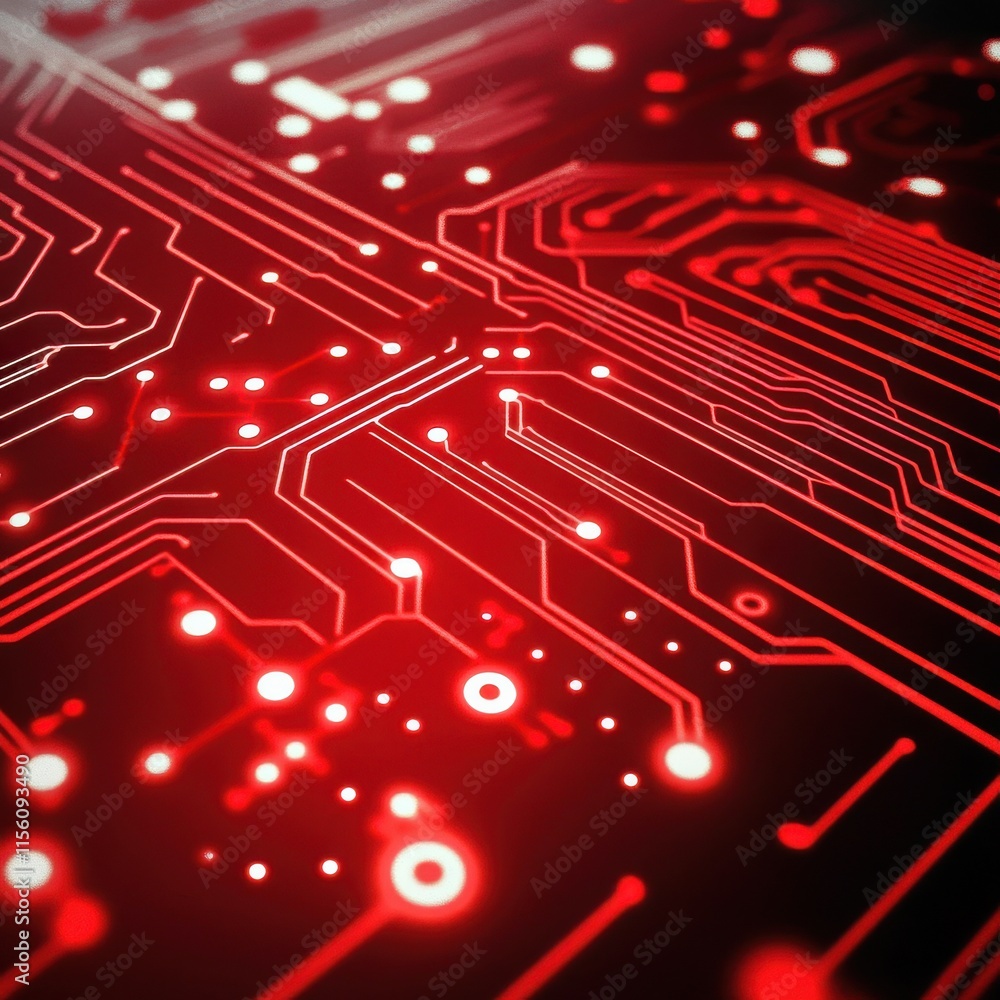 Poster abstract close-up of a red circuit board with intricate patterns and glowing lines.