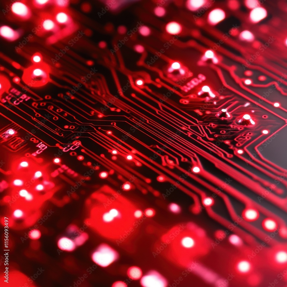 Poster close-up of a red circuit board with illuminated pathways and electronic components, showcasing intr