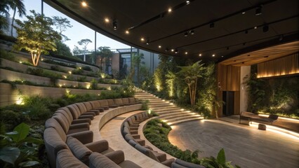 Obraz premium Innovative indoor garden amphitheater blending natural elements with modern architecture, creating a tranquil event space illuminated by soft lighting and lush greenery