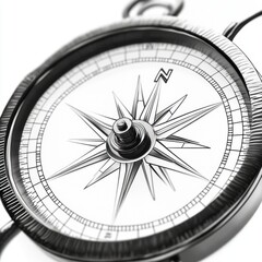 Close-up of a metallic compass with intricate details and a clear white face, symbolizing navigation and adventure.