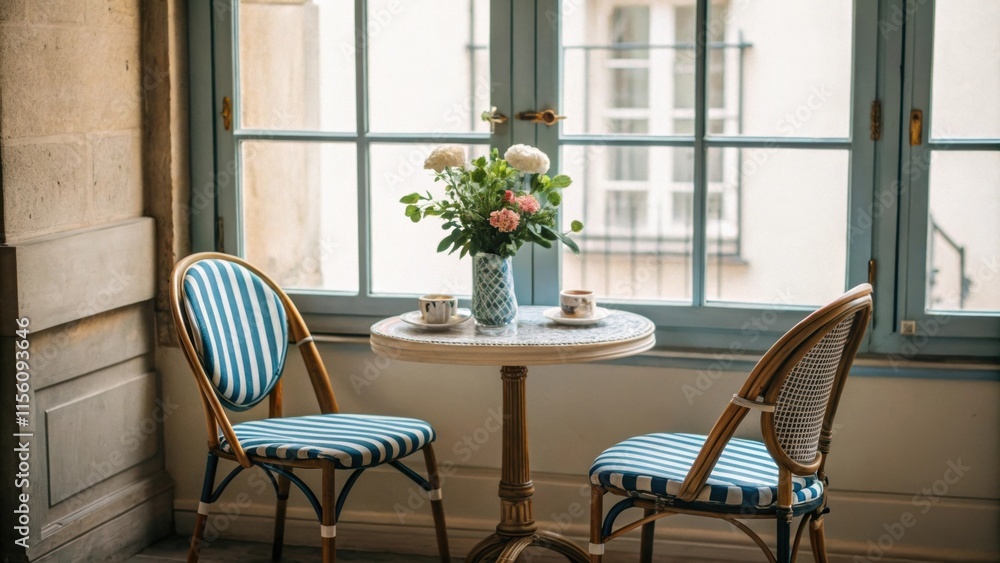 Poster Two cups of coffee sit on a small, round bistro table adorned with a vase of fresh flowers, placed near a bright window, creating a cozy and inviting atmosphere, perfect for a quiet moment
