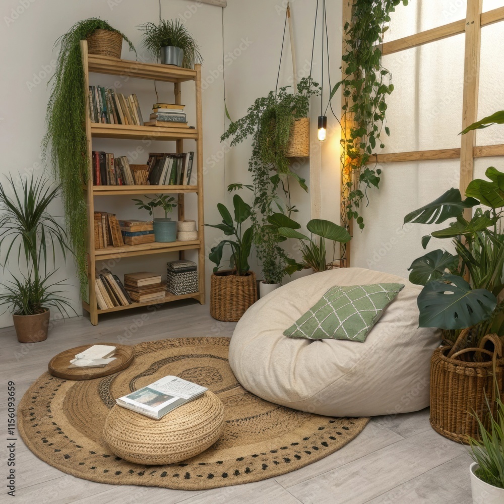 Poster comfortable beanbag chair placed on circular jute rug in bright reading corner surrounded by lush ho