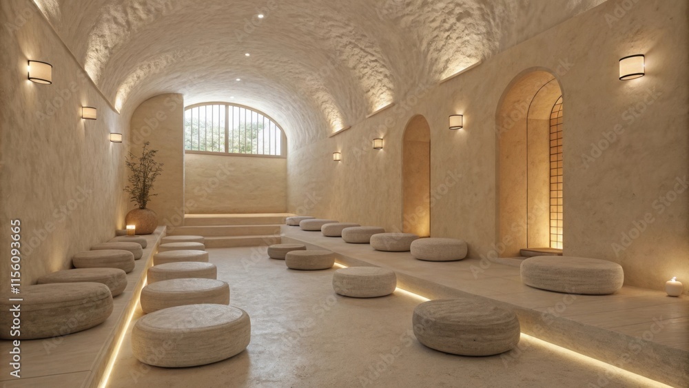 Poster warmly lit meditation room featuring round cushions on stepped platforms, creating a serene atmosphe