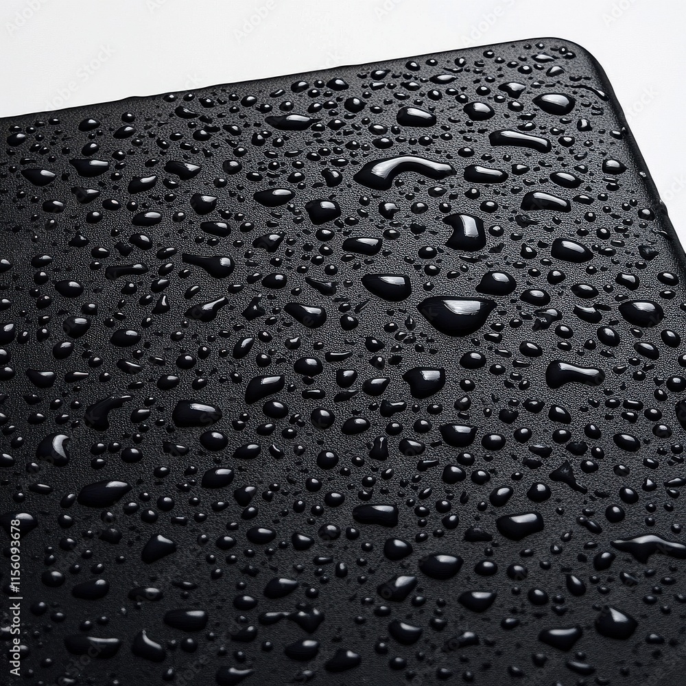 Aufkleber close-up of a textured black surface adorned with sparkling water droplets, creating a moody atmosph