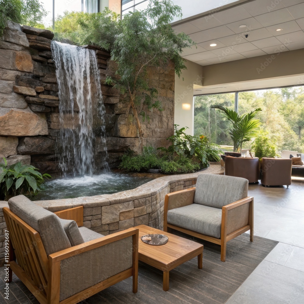 Aufkleber artificial waterfall cascading down rocks into a basin, surrounded by lush greenery and comfortable 