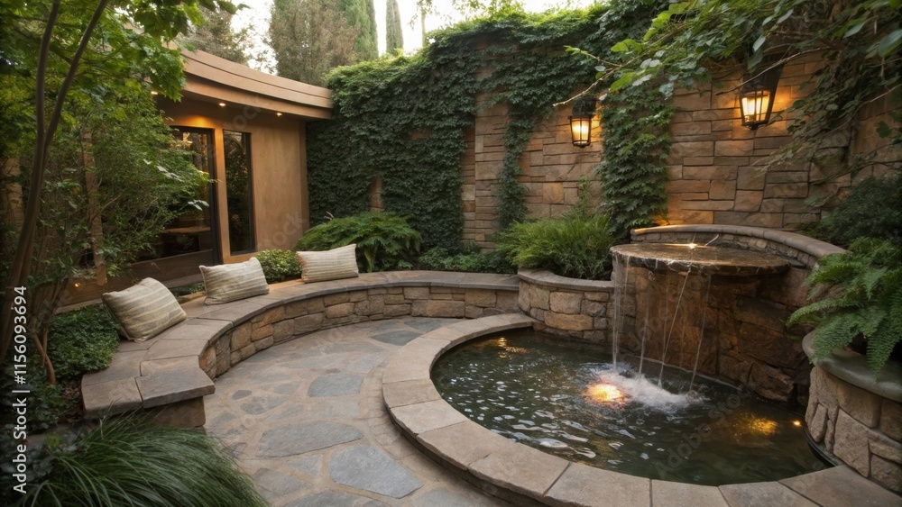 Poster Ivy climbing on a stone wall encircles a tranquil pond featuring a soothing waterfall, complemented by a circular stone bench adorned with cozy pillows, creating a serene backyard oasis