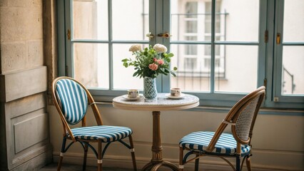 Fototapeta premium Two cups of coffee sit on a small, round bistro table adorned with a vase of fresh flowers, placed near a bright window, creating a cozy and inviting atmosphere, perfect for a quiet moment