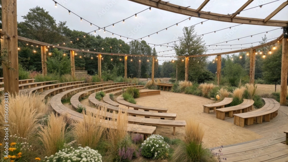 Poster open air venue with wooden benches arranged in a semi circle, illuminated by string lights, creating