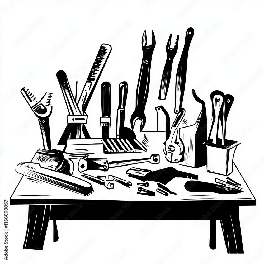 Poster a collection of various hand tools arranged on a workbench, showcasing craftsmanship and manual labo