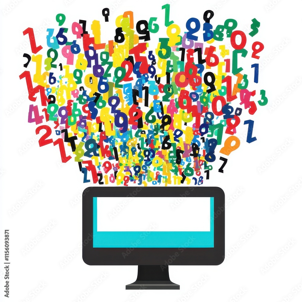 Poster a colorful digital explosion of numbers emerges from a sleek computer monitor, symbolizing data and 