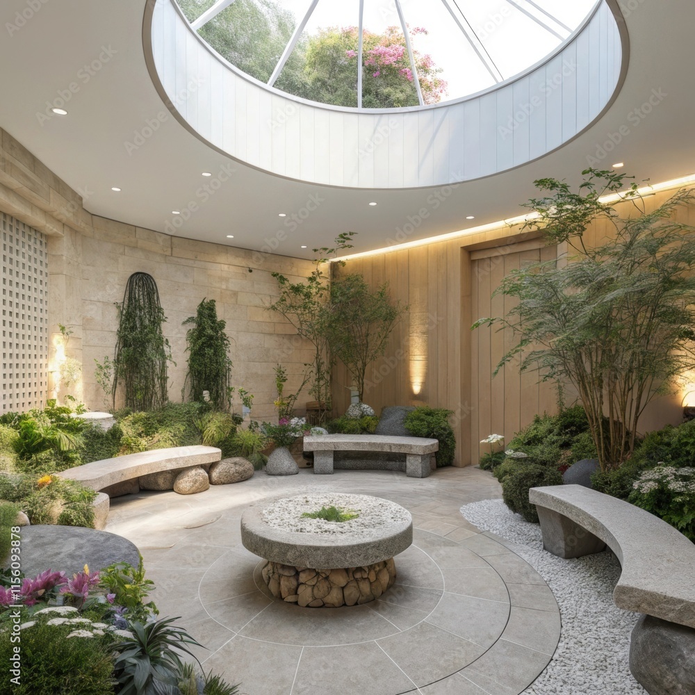 Poster stone benches encircle a central stone platform in a serene meditation area, illuminated by a circul