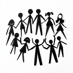 A diverse group of ten playful, stylized paper cut-out figures in black, representing unity and friendship.