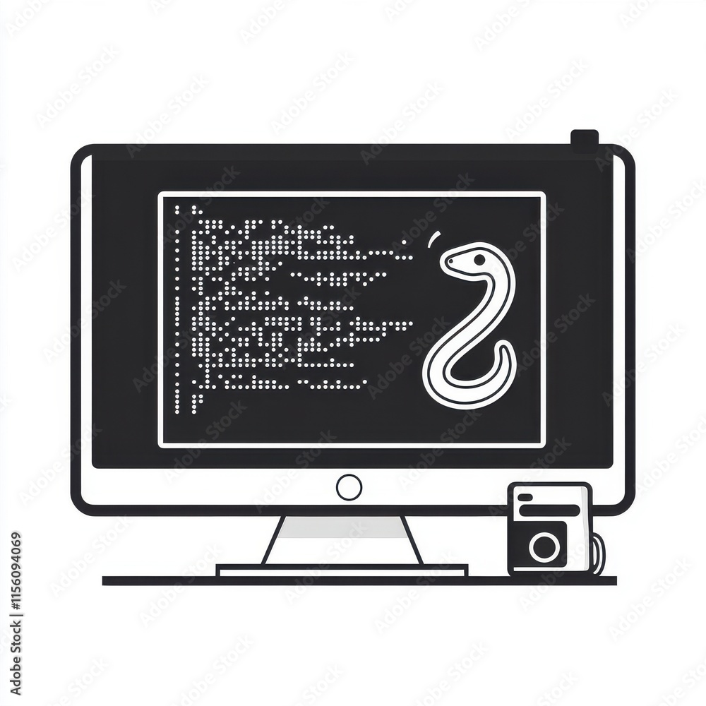 Poster a sleek black and white computer setup featuring a monitor displaying code and a snake graphic.