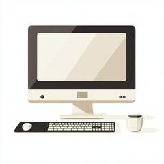 Fototapeta premium A modern desktop setup featuring a sleek monitor, minimalist keyboard, and a simple coffee mug, exuding a clean aesthetic.