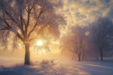 Winter Sunrise Frost Covered Trees Scenic Landscape