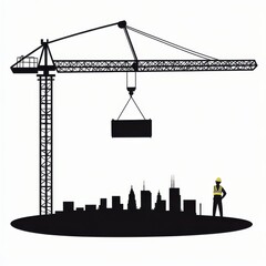 A silhouette of a construction worker observing a crane lifting a load over a city skyline.