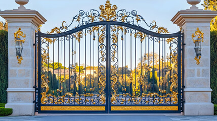 Ornate wrought iron gate with gold leaf detailing and decorative scrollwork, leading to a prestigious heritage estate