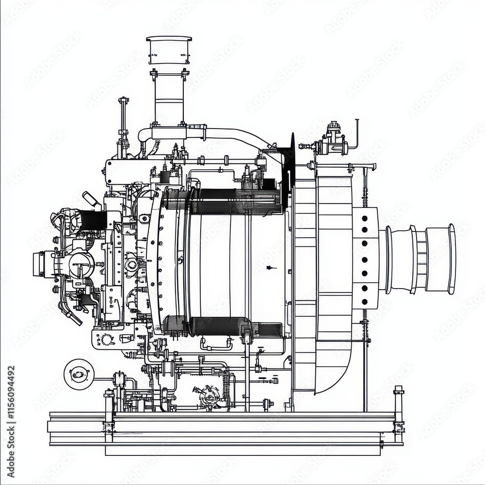 Poster detailed blueprint of a jet engine showcasing intricate components and engineering design.