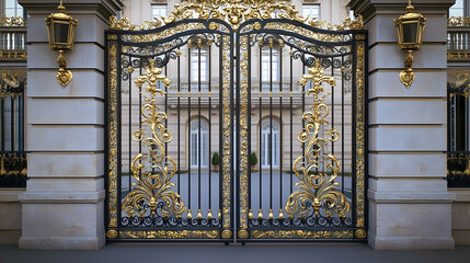 Ornate wrought iron gate with gold leaf detailing and decorative scrollwork, leading to a prestigious heritage estate