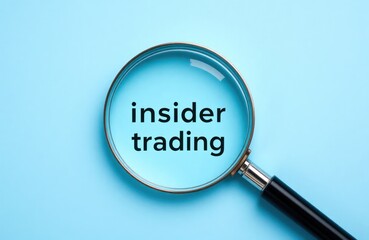 Magnifying glass focuses on insider trading concept. Financial crime investigation emphasized on blue background. Business concept for analysis, investigation of stock market trends. Investigation,
