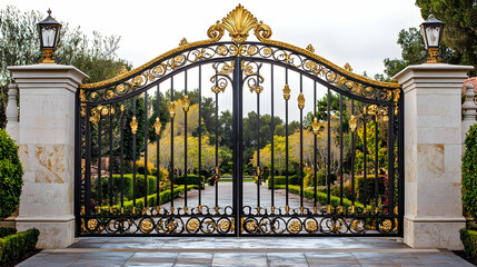 Ornate wrought iron gate with gold leaf detailing and decorative scrollwork, leading to a prestigious heritage estate