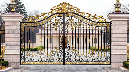 Ornate wrought iron gate with gold leaf detailing and decorative scrollwork, leading to a prestigious heritage estate
