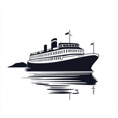 Fototapeta premium Stylized black and white illustration of a classic ship on tranquil waters, creating a serene atmosphere.