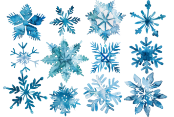 Set of blue frozen snowflakes isolated on transparent background PNG