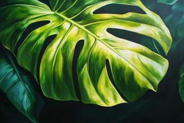 A vibrant painting depicts a large monstera deliciosa leaf