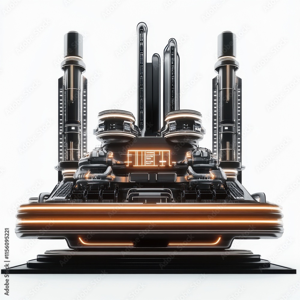 Poster futuristic technological structure with glowing details and sleek design in a high-energy setting.