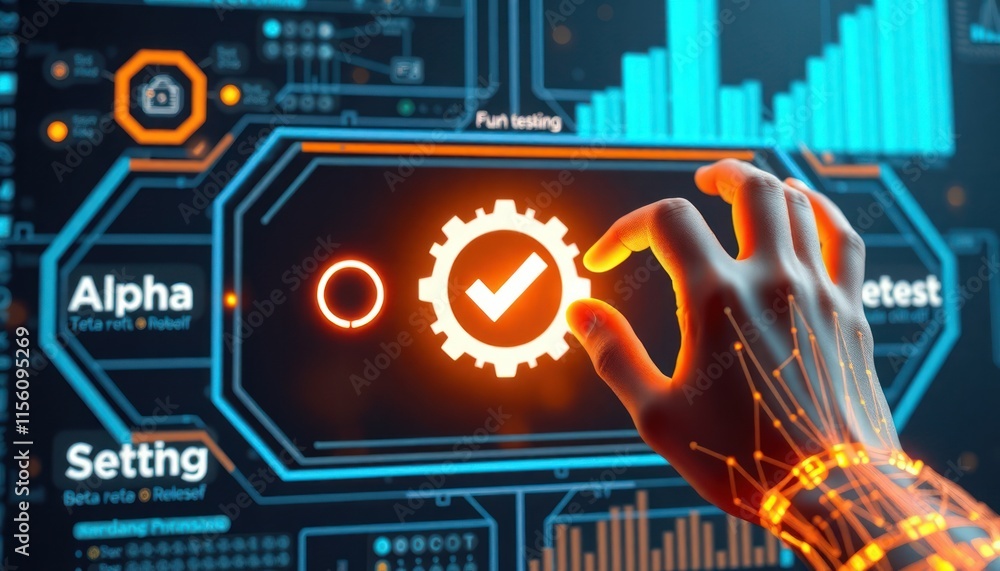 Poster futuristic interface shows software development lifecycle. hand interacts with glowing digital eleme
