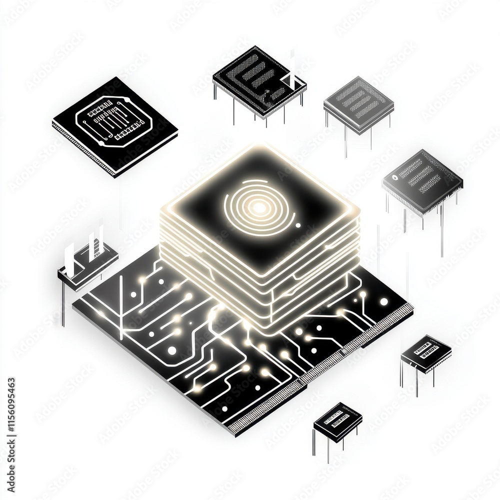Poster futuristic illustration of a microchip with glowing circuits and surrounding computer chips in a sle
