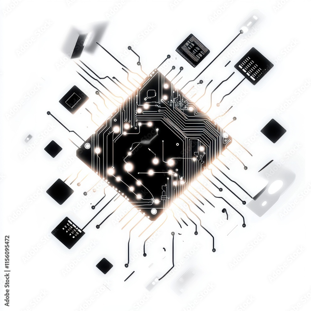 Poster futuristic electronic circuit design showcasing intricate microchip patterns in a high-tech aestheti