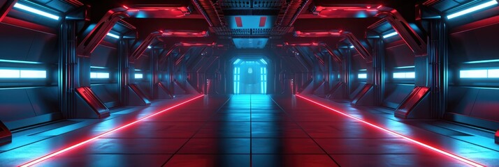 Futuristic Cyber Tunnel: 3D Rendering of Glowing Abstract Corridor with Red Laser Lights and Concrete Floor