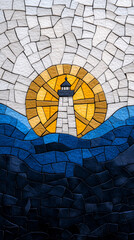 Mosaic Artwork: Lighthouse, Sun, and Ocean