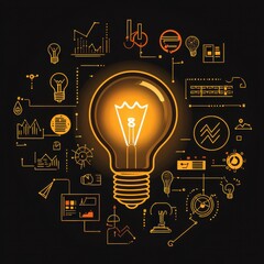 A glowing light bulb surrounded by digital graphs and icons representing innovation and ideas.
